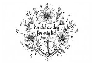«En del av deg for evig tid
Pappa 20.12.24» Surrounded by long gladiolus, hearts, notes and an anchor tattoo idea