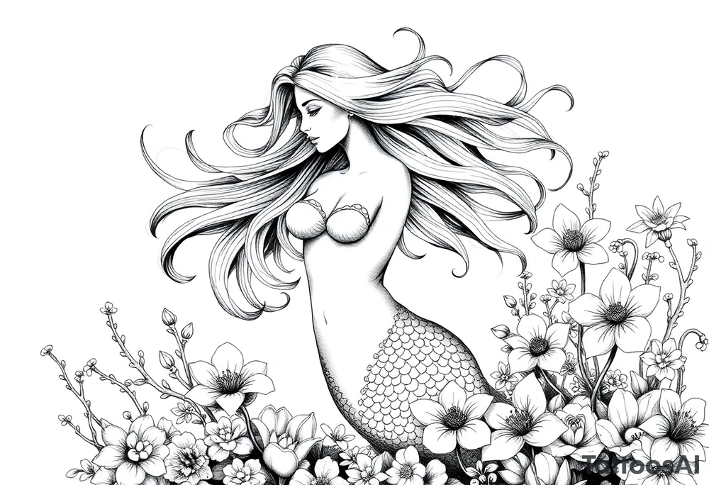 ethereal mermaid with flowing hair among coral and sea flowers tattoo idea