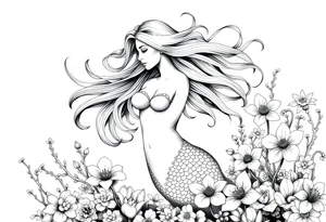 ethereal mermaid with flowing hair among coral and sea flowers tattoo idea