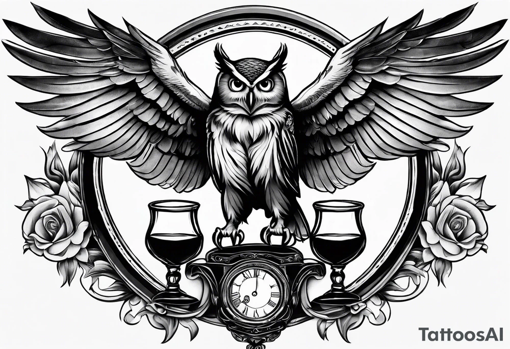 Create a flying owl holding an old wine goblet and an hourglass tattoo idea