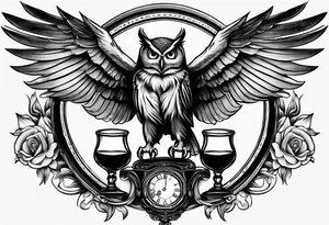 Create a flying owl holding an old wine goblet and an hourglass tattoo idea