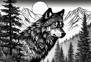 Badass wolf wearing sunglasses
Dark woods
Mountain peaks
Sunset tattoo idea