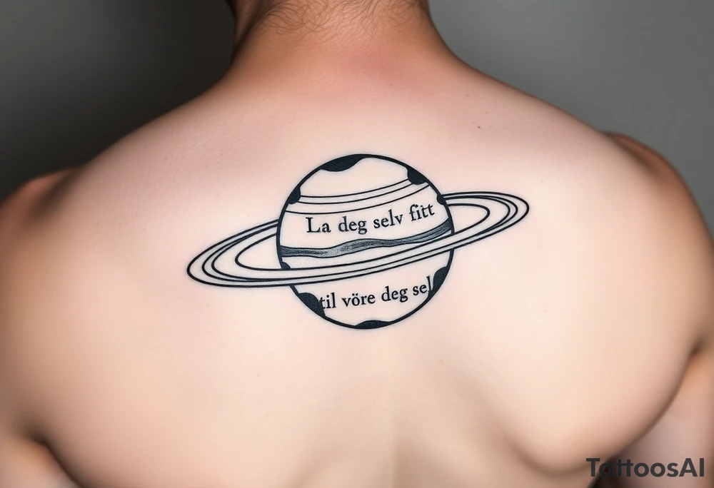 Minimalistic saturn planet, but instead of Saturn’s rings there is a text that says «La deg selv få lovt til å være deg selv» tattoo idea