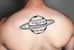 Minimalistic saturn planet, but instead of Saturn’s rings there is a text that says «La deg selv få lovt til å være deg selv» tattoo idea