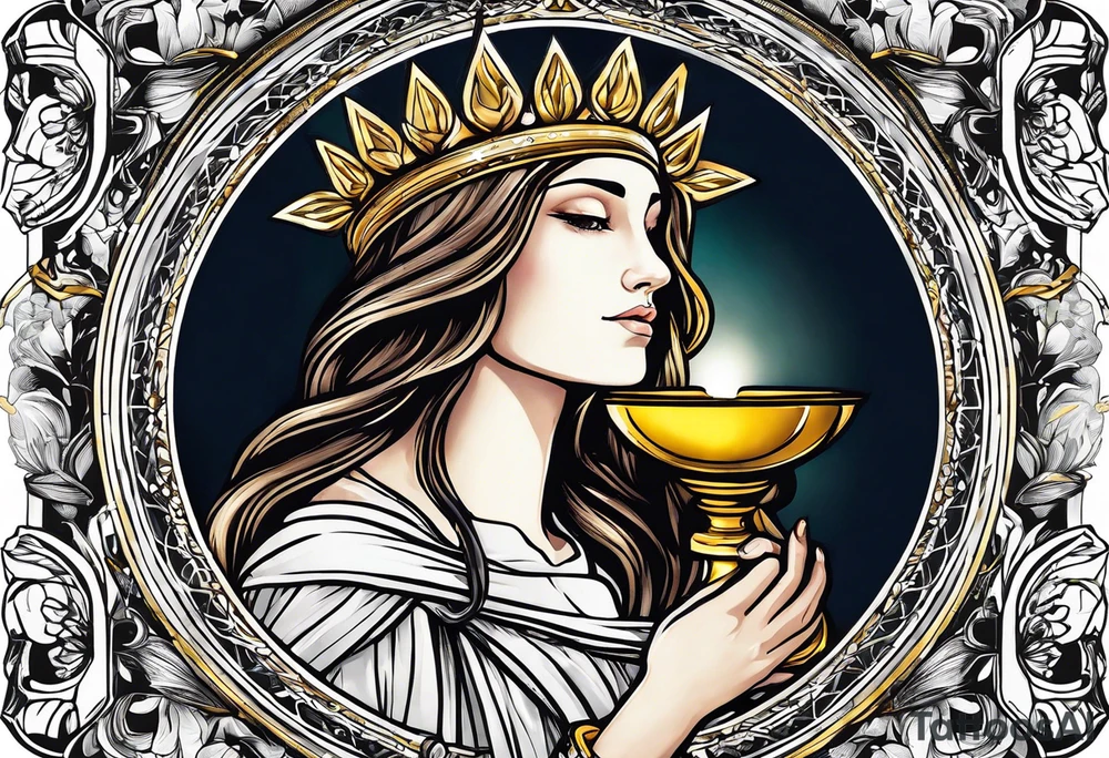holy saint woman turned away with golden halo holding a chalice tattoo idea
