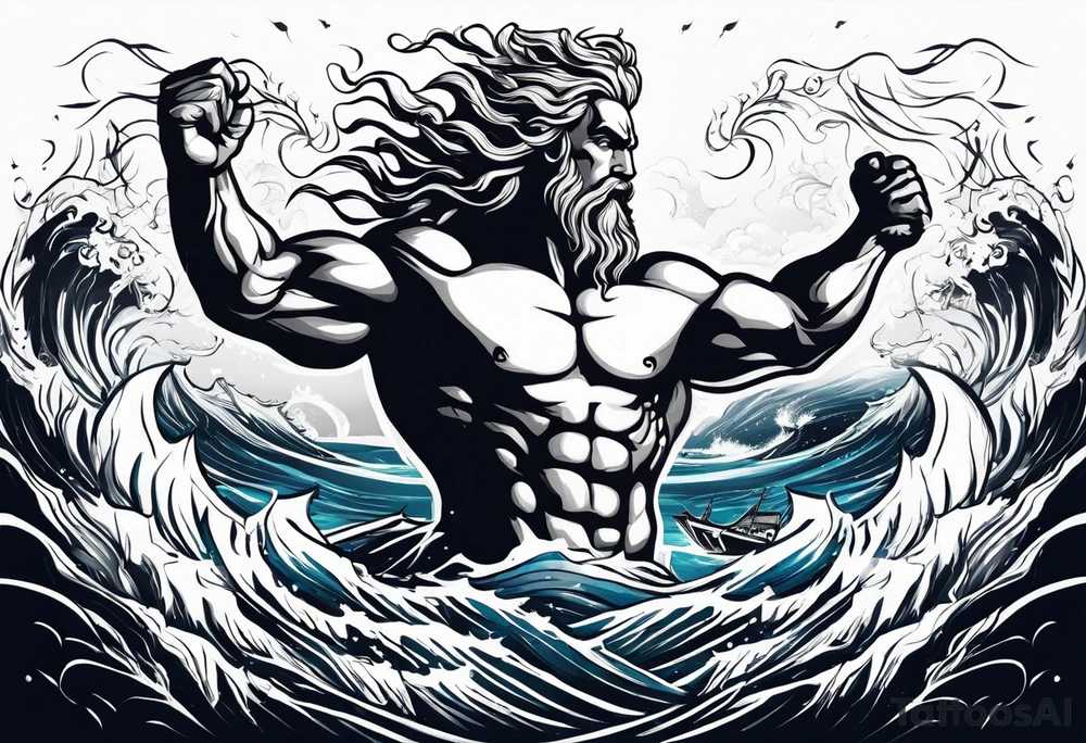 lighting with zeus showing strength and fear and the ocean waves tattoo idea