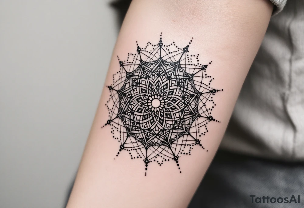 fine-line tattoo, sacred geometry mandala, centerpiece design, dotwork patterns, radiating geometry, symmetrical mandala, geometric shapes, intricate dotwork, sacred patterns, mandala center, geometric radiating, fine line work, black grey shading, minimalist design, no outlines, arm placement, delicate linework, precise geometry, clean symmetry, sacred symbols, geometric precision, dotwork details, mandala focal point, refined patterns, understated complexity, geometric harmony
\ tattoo idea