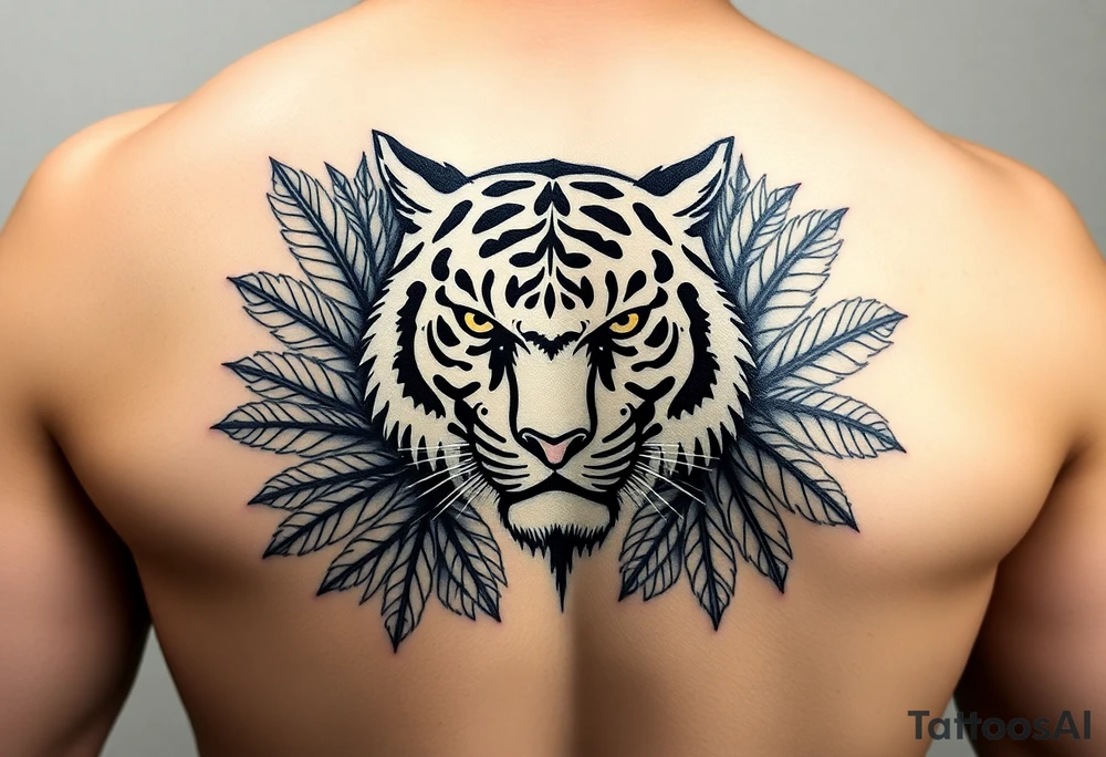 Tiger surrounded by palm leaves tattoo idea