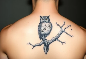 wise owl perched on ancient oak branch under starlit sky tattoo idea