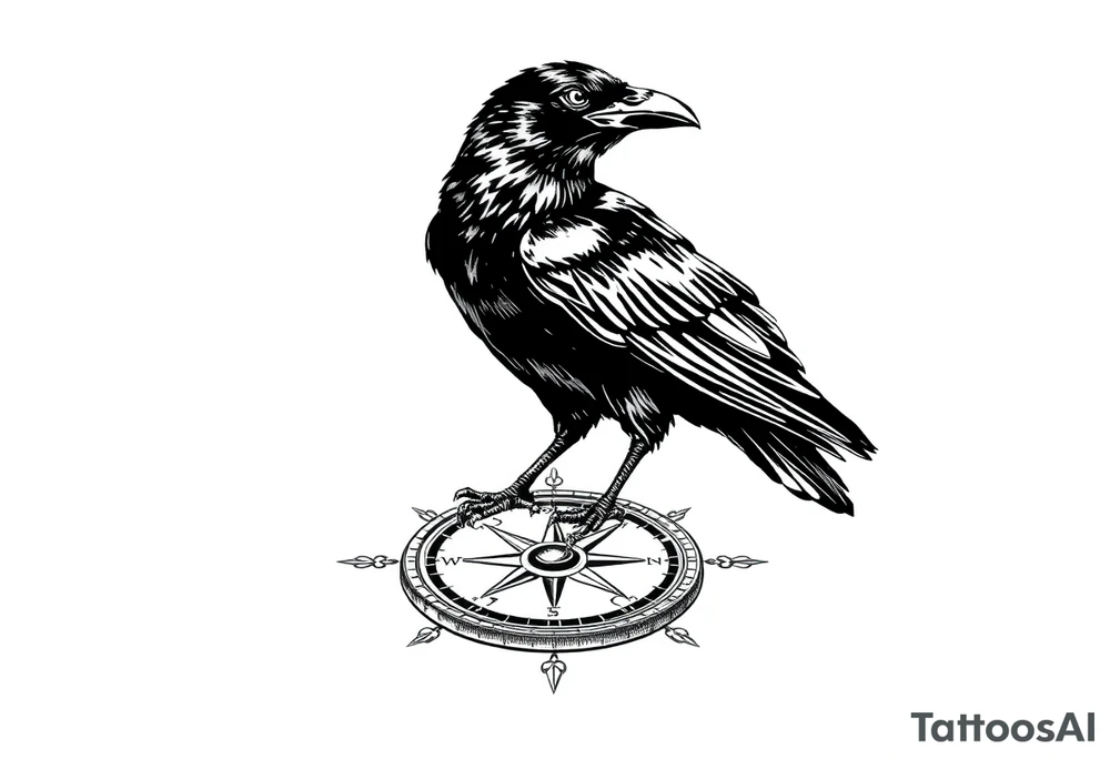 a raven stands on a compass. tattoo idea