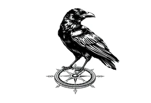 a raven stands on a compass. tattoo idea