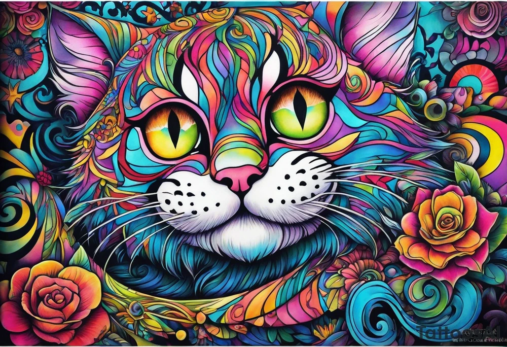 Alice in wonderland themed very colorful with Cheshire Cat psychedelic vibe tattoo idea