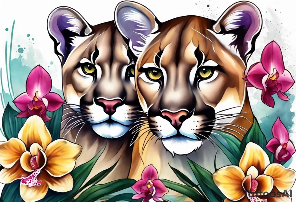 Mother mountain lion with 2 cubs and orchids tattoo idea