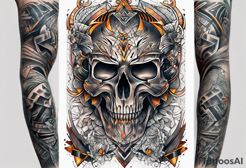 front knee tattoo with geometry, swirls & washes, background washes tattoo idea