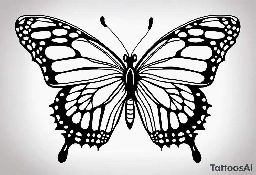 Design a black and white fine line tattoo of a monarch butterfly. The top halves of the wings should be filled with delicate poppy flowers, seamlessly integrated into the wing design. The overall style should be minimalistic and elegant, with clean lines and intricate details. The bottom halves of the wings should remain simple to emphasize the flowers above. tattoo idea