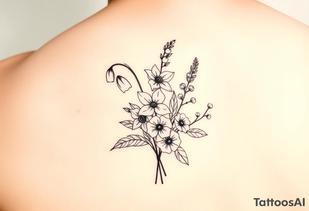 Minimalist design in black bouquet of flowers 1 lily of the valley 1 daffodil 1 holly 1 larkspur tattoo idea
