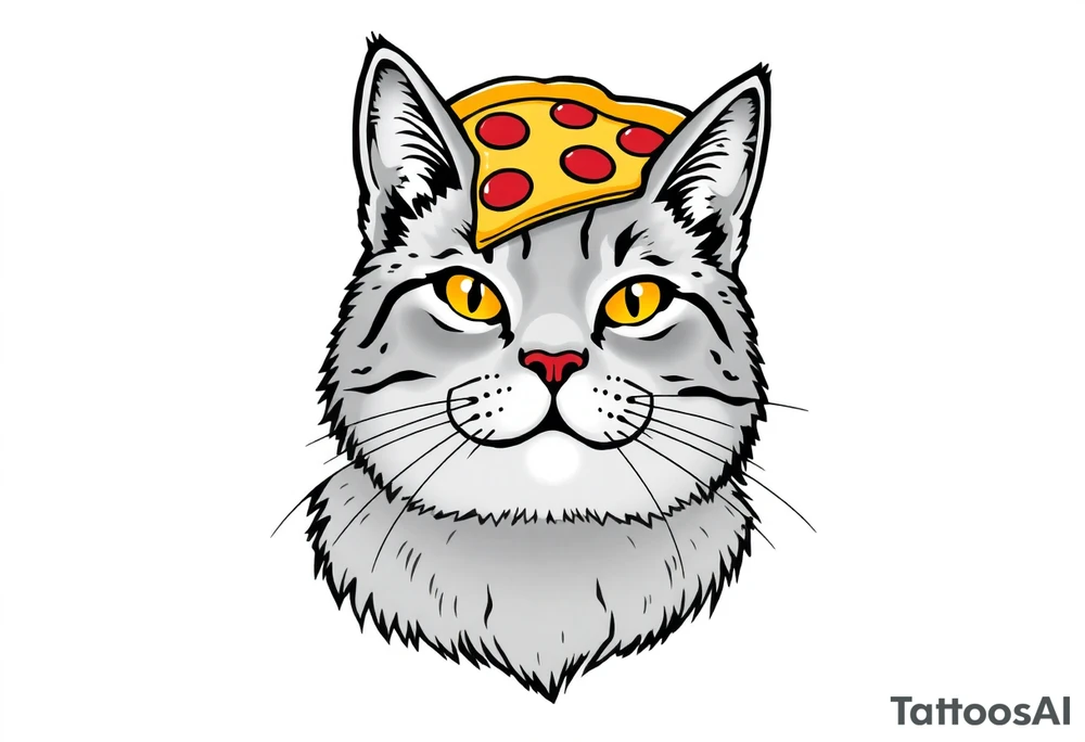 fat grey tabby cat portrait with pizza slice on its head tattoo idea