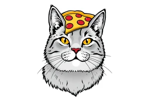 fat grey tabby cat portrait with pizza slice on its head tattoo idea