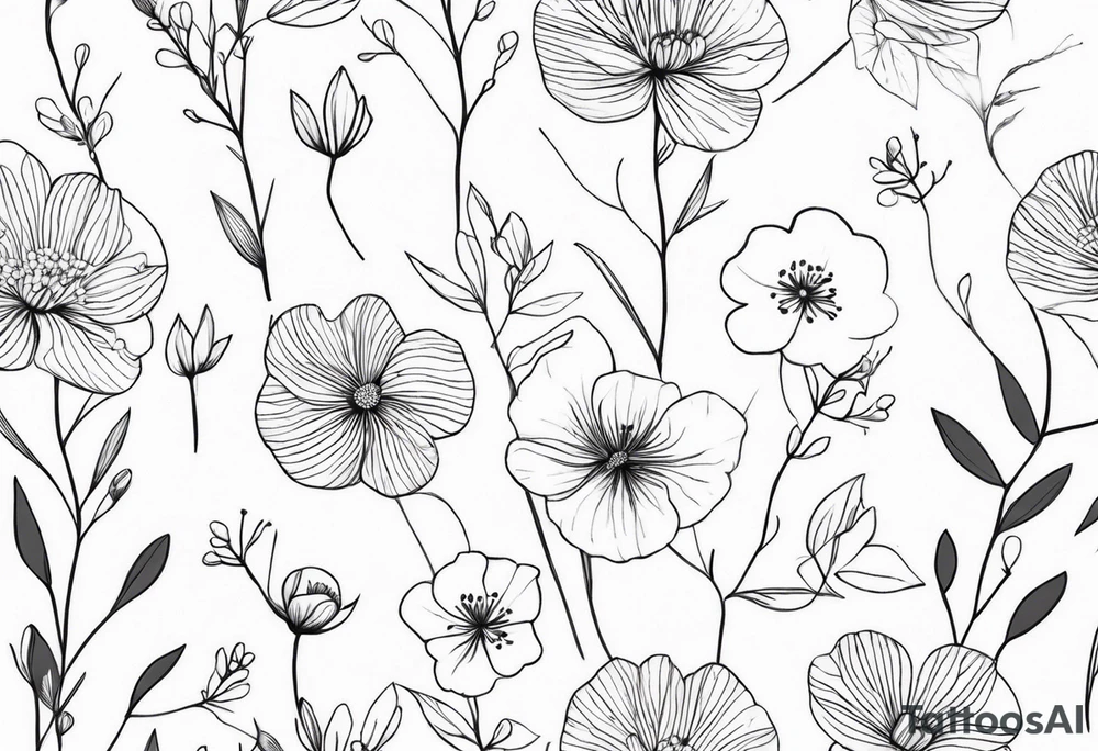 “Generate a subtle botanical tattoo with soft, flowing lines, showcasing tiny flowers and leaves arranged in a delicate pattern tattoo idea