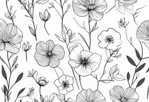 “Generate a subtle botanical tattoo with soft, flowing lines, showcasing tiny flowers and leaves arranged in a delicate pattern tattoo idea