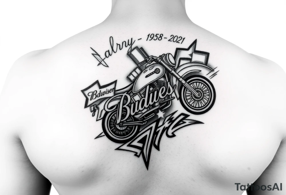 Dale Earnhardt car on it with the year 1958 - 2021 intertwined with a motorcycle with a Budweiser logo on it tattoo idea