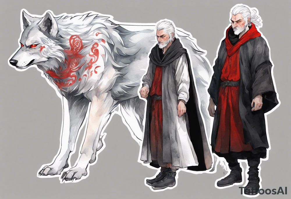 a gaunt medieval man with white hair, grey eyes, and a black cloak standing beside a massive grey wolf with red eyes tattoo idea