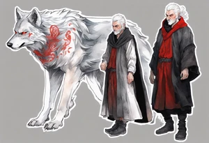 a gaunt medieval man with white hair, grey eyes, and a black cloak standing beside a massive grey wolf with red eyes tattoo idea