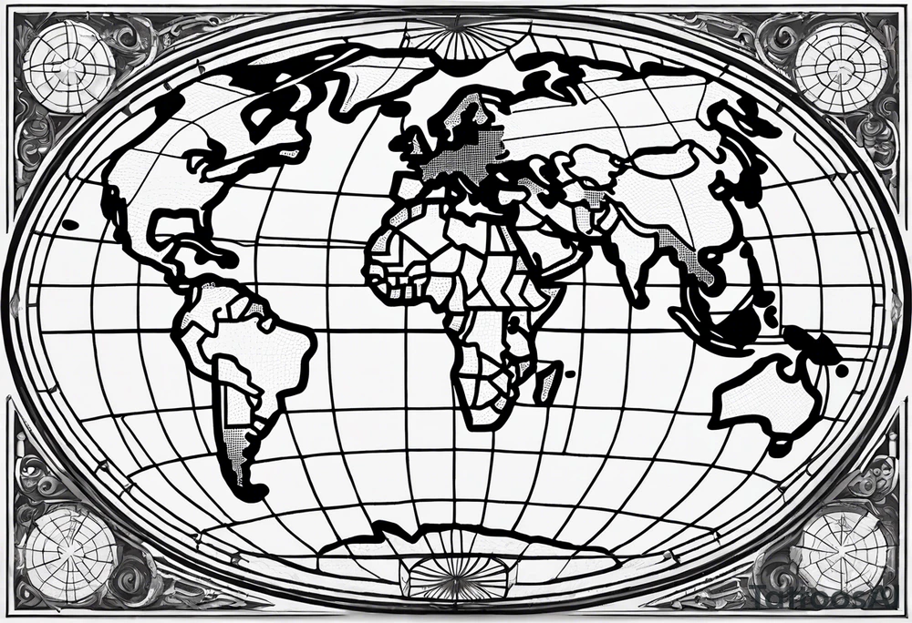 the earth on a flat map with no shading placed on a grid with only the lines with accurate depictions of the borders in countries while having it in an oval/circular position on a grid without any borders on the sides while having the countries not have such bold borders tattoo idea