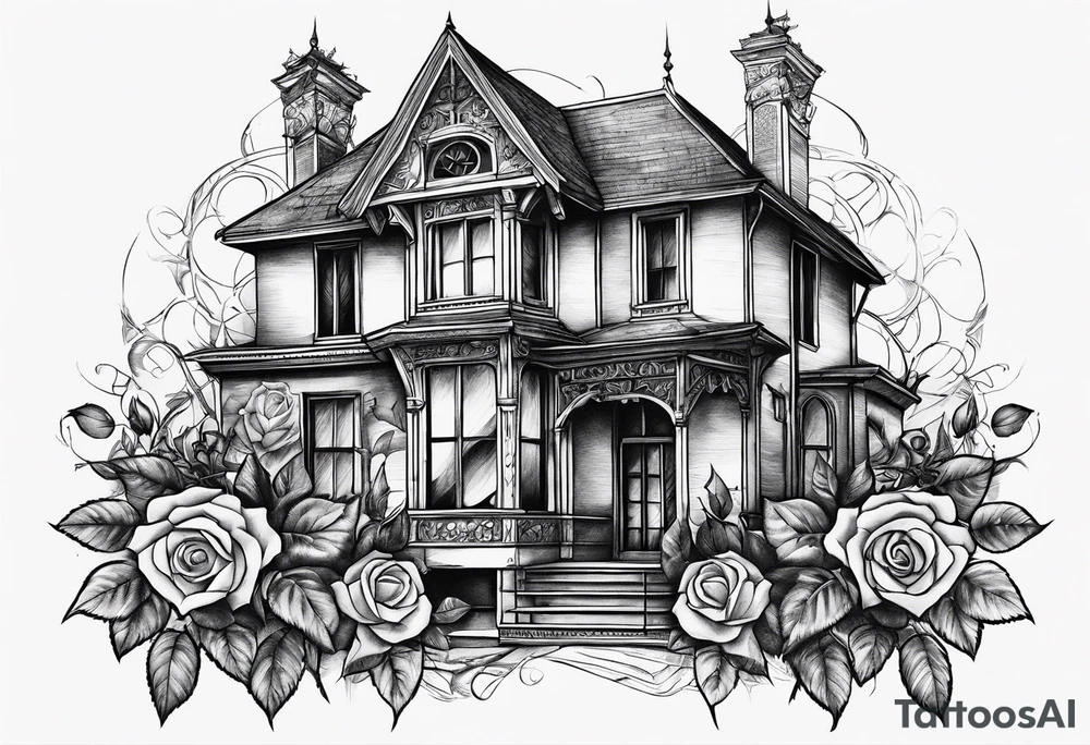 old broken gothic home, broken sword, roses tattoo idea