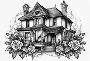 old broken gothic home, broken sword, roses tattoo idea