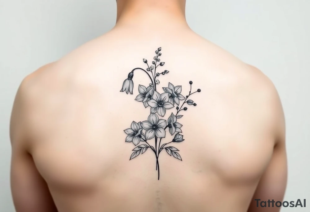Minimalist design in black bunch of flowers 1 lily of the valley 1 daffodil 1 holly 1 larkspur tattoo idea