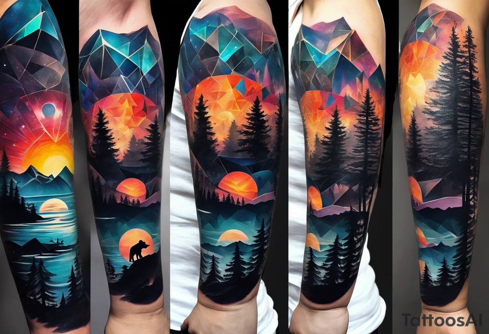 I need to create a sleeve tattoo from shoulder to wrist. The design should include space, stars, forest, sunset, mountains, cliffs, waterfall, water, ocean, wild animals (bear, wolves, elephant), and inserts of triangles and geometric figures. I have two children – a son, Sergei (the eldest), and a daughter, Anna, who live with me and my wife. But I also have another daughter, Marianna, whom I haven't seen for a long time and eagerly await to meet. The tattoo should symbolize love and protection for my children and family, the desire to secure their future, and confidence in tomorrow. It should reflect the notion of not looking back, but always moving forward and achieving goals! tattoo idea