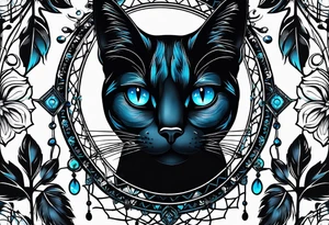 Black cat entwined in a elegant dream catcher that has flowers an long flowing feathers on dream catcher. Black cat eyes in neon blue an small neon blue detail in catcher tattoo idea