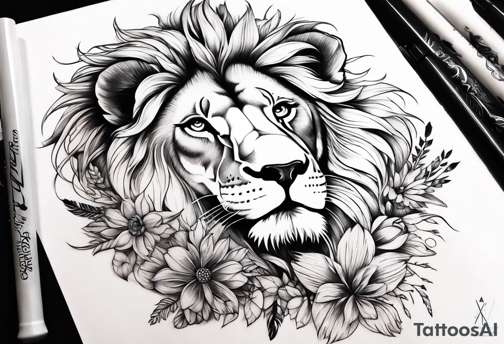 Feminine lion with feathers floral sleeve tattoo idea