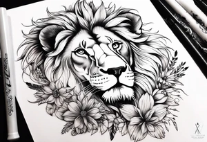 Feminine lion with feathers floral sleeve tattoo idea