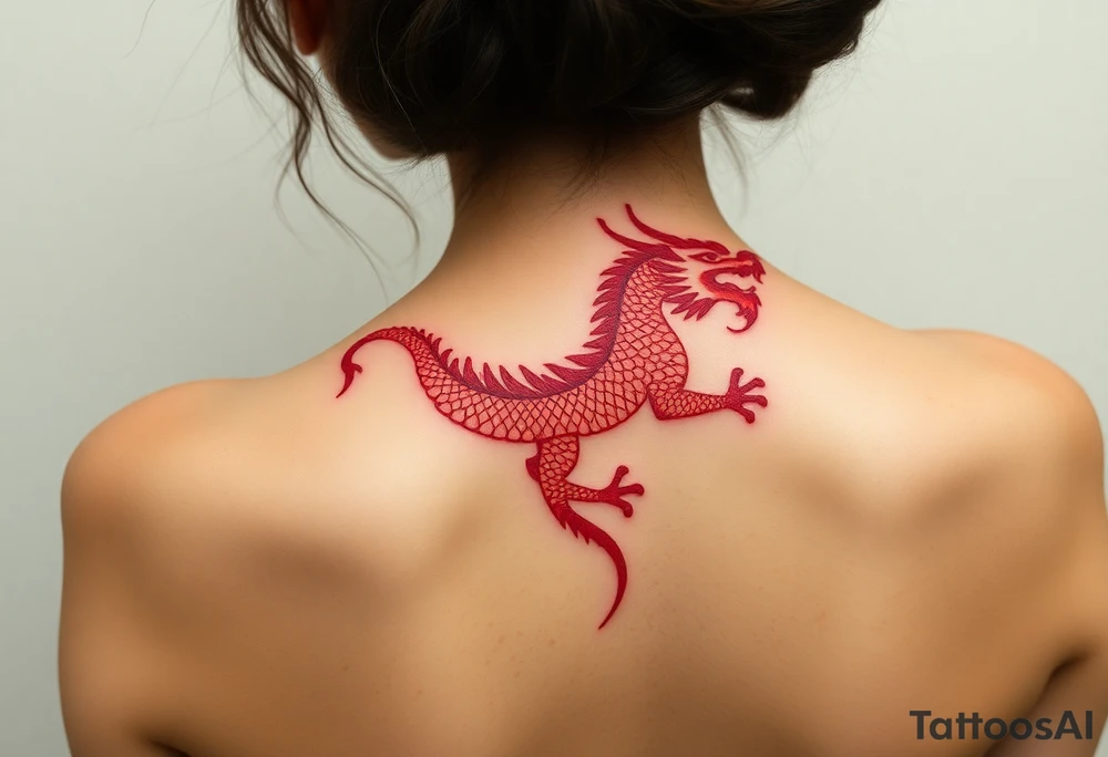 Red chinese dragon along spine tattoo idea