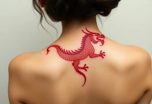 Red chinese dragon along spine tattoo idea