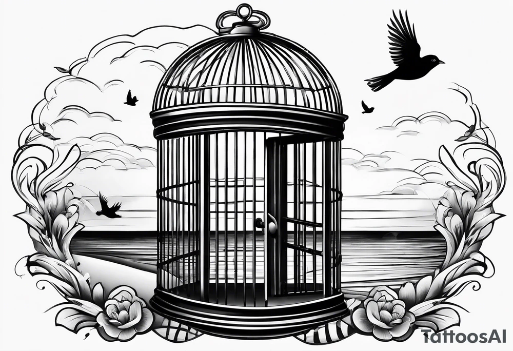 A birdcage with and open door, with a bird flying out, on the
beach tattoo idea