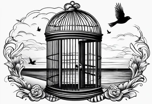 A birdcage with and open door, with a bird flying out, on the
beach tattoo idea