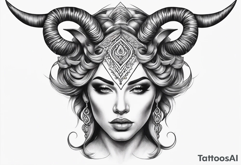 symmetrical woman head with curved horns facing downwards dark realism looking front facing view tattoo idea