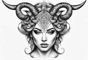 symmetrical woman head with curved horns facing downwards dark realism looking front facing view tattoo idea