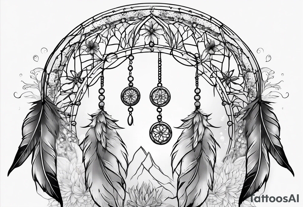 Dream catcher with queen anns lace flowers hanging from the bottom tattoo idea
