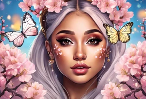 Ariana Grande surrounded in a golden aura with cherry blossoms and white butterflies with a key that unlocks a heart tattoo idea