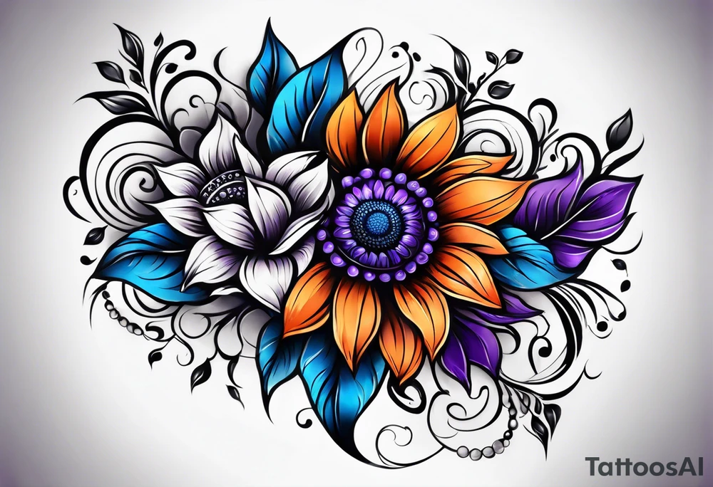 Full leg sleeve with purple, orange and blue sunflowers tattoo idea