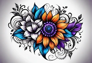 Full leg sleeve with purple, orange and blue sunflowers tattoo idea