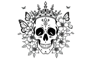 ornate skull adorned with gorgeous crown surrounded by boho flowers and butterflies tattoo idea
