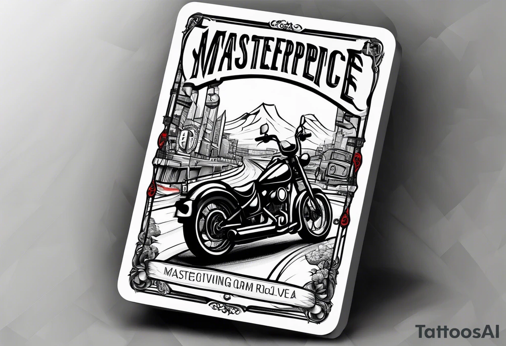 playing cards over a city with a motorcycle on the road tattoo idea