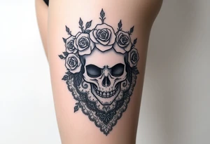 ornate skull adorned with crown of wild roses and thorns overlaid lace curtain design tattoo idea