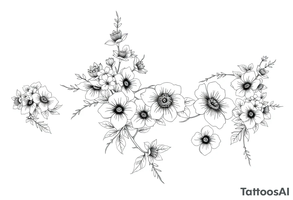 Full sleeve tattoo design of larkspur and hawthorn flowers, highly detailed line art, black ink, elegant botanical style, intertwined composition, no shading, no human mock-up, clean stencil style suitable for tattooing, fit fully within boundaries. LINE ART ONLY, REMOVE HUMAN, NO SKIN, NO ARM, NO HUMAN BODY PARTS tattoo idea