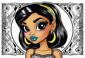 Bratz Doll Flash style Tattoo with black hair and curtain bangs, with a nose ring tattoo idea